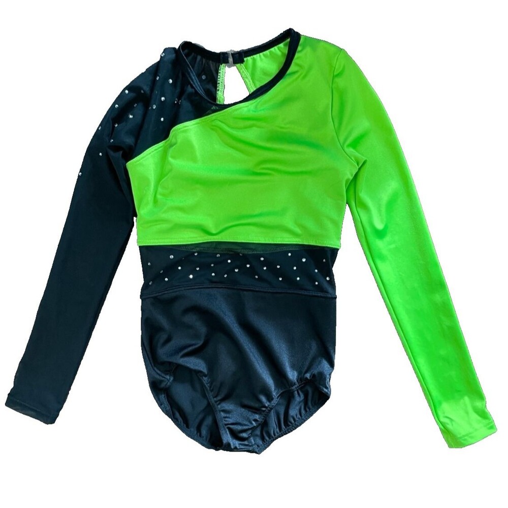 WEISSMAN Girls LEOTARD Gymnastics Dance GREEN Black Long Sleeve Sz MC (10/12)